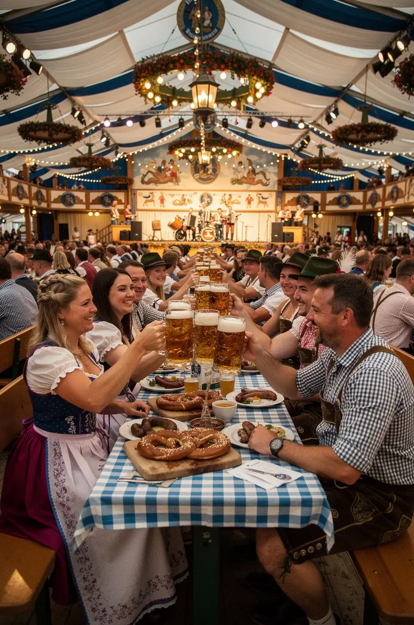 Nahaufnahme eines festlichen Bühnenprogramms mit traditionellen Tänzern und Musikern bei einem deutschen Volksfest.
